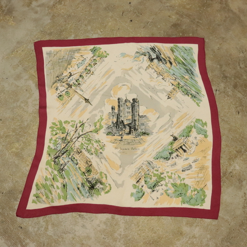 BD252 90sビンテージ スカーフ■1990年代製 アイボリー ポリエステル スーベニア ちりめん ハンカチ 雑貨 アクセサリー 小物 アンティーク拍卖