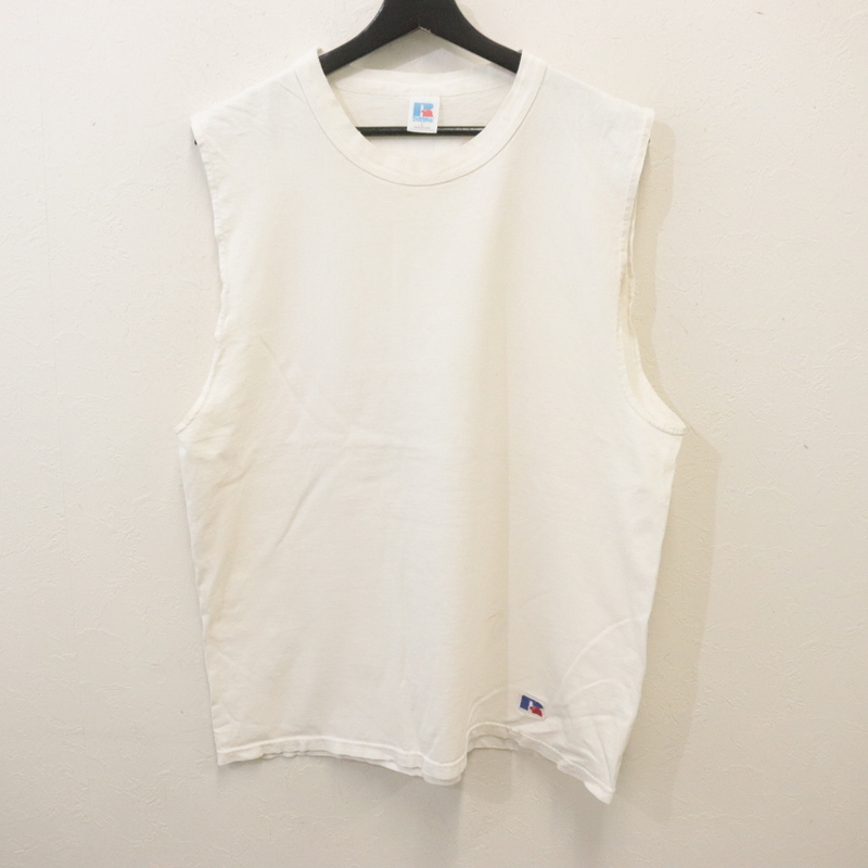 K677 90sビンテージ RUSSELL ラッセル ノースリーブTシャツ USA製■1990年代製 表記Lサイズ 白 ホワイト 刺繍 アメカジ ストリート 古着卸拍卖