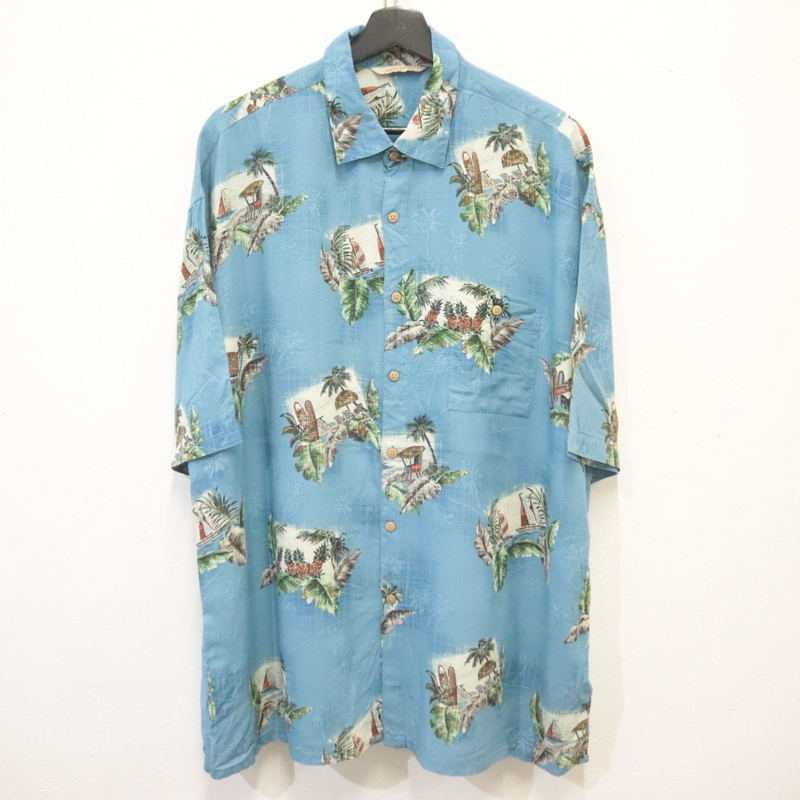 K691 2000年代製 半袖アロハシャツ■00s 表記XLサイズ ブルー 青 パイナップル レーヨン アメカジ ストリート 古着 激安 希少 ヴィンテージ拍卖