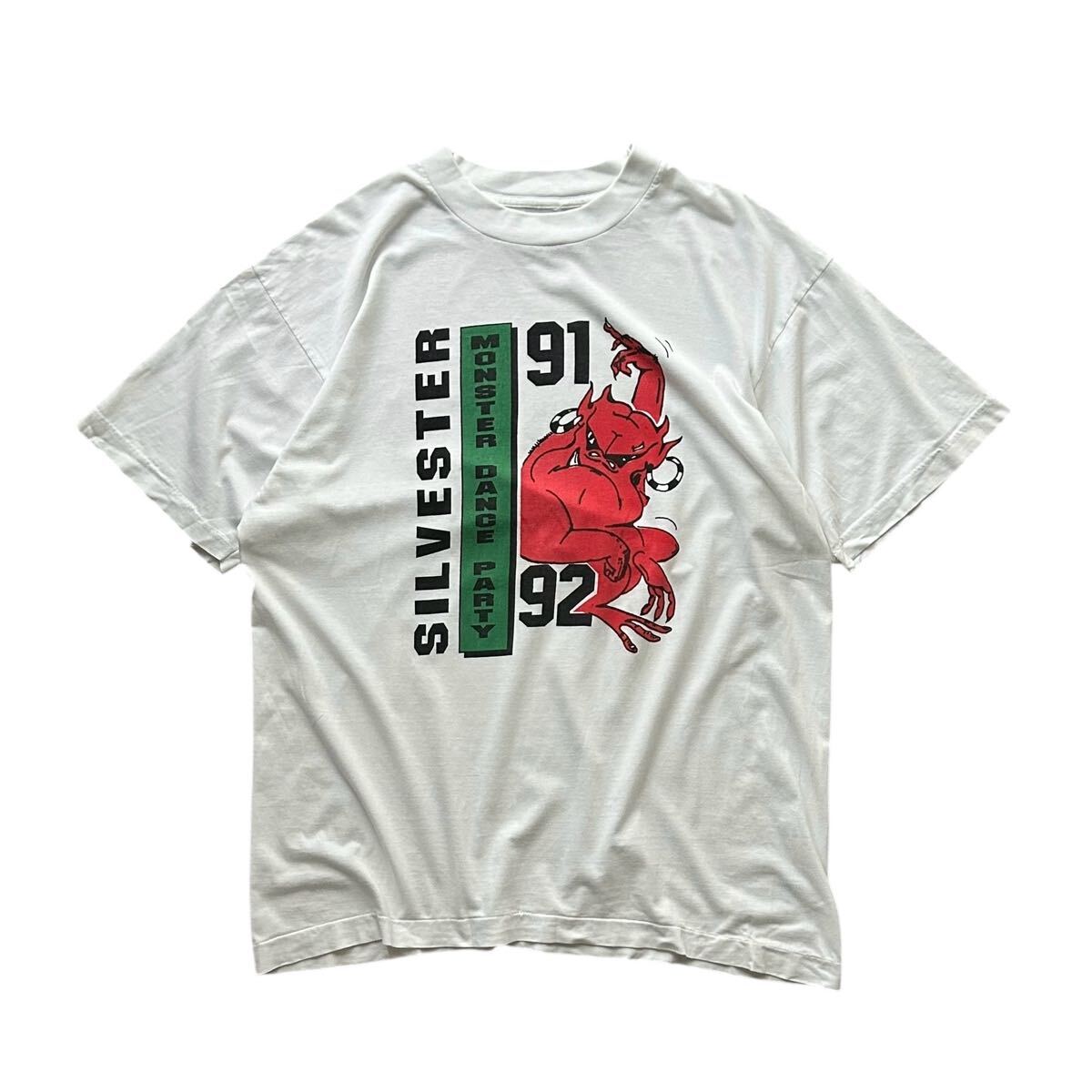90’s ユーロボディー Tシャツ Lサイズ相当 ホワイト 白色 デビル プリント 両面 イベント ヴィンテージ シングルステッチ キャラクター拍卖