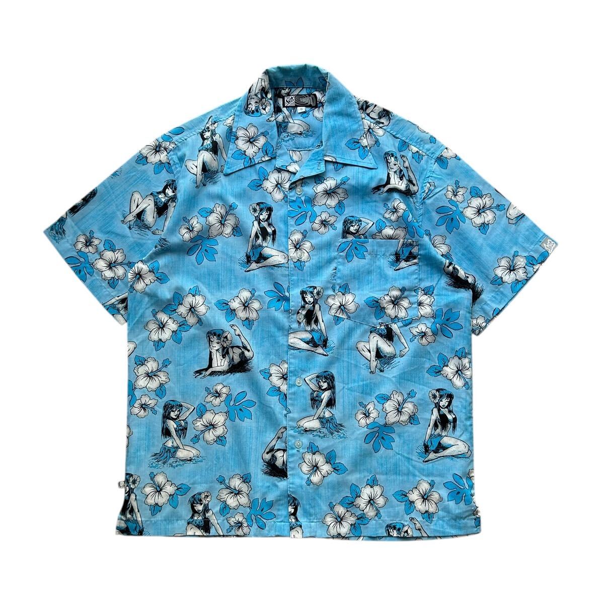 USA製 90’s LOST S/S オープンカラーシャツ アロハシャツ Sサイズ ブルー 青色 エロ プリント ハワイアンシャツ 開襟 総柄 ストリート拍卖