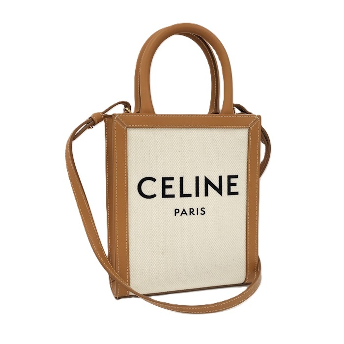 CELINE バーティカルカバ ミニ 2WAYショルダーバッグ キャンバス レザー ベージュ ホワイト系 193302拍卖