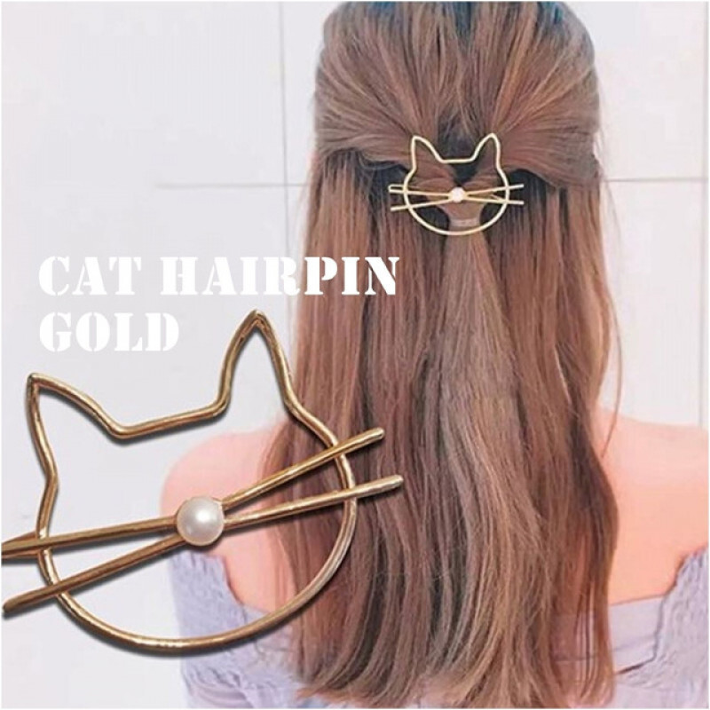 009 レディース ゴールドカラー ヘアクリップ 髪飾り かわいい ねこのへアクセ 猫 ヘアピン ねこ ヘアアクセサリー パール拍卖