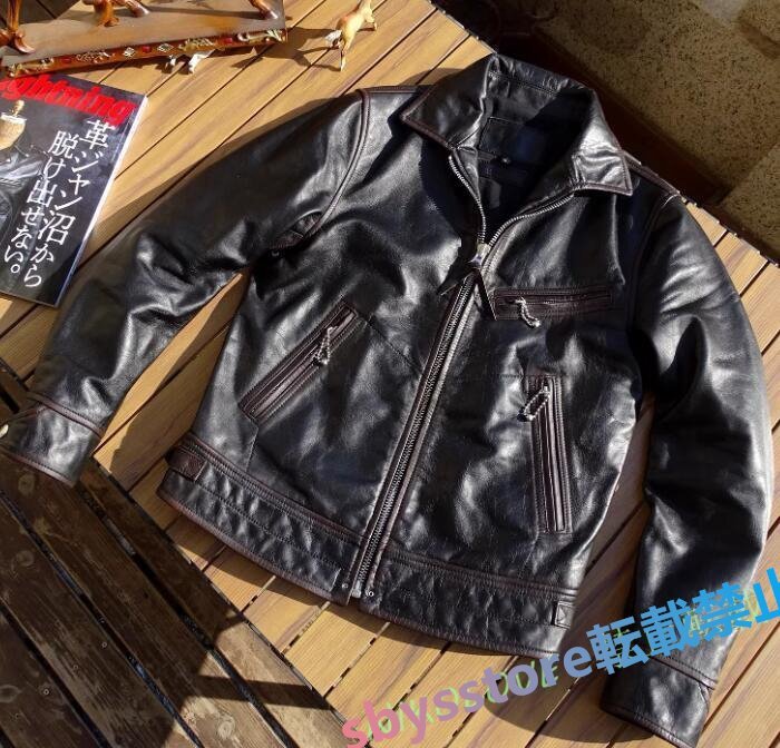 新品 ヴィンテージ復刻デザイン 新品 馬皮ホースハイドレザー シングルライダースジャケット 茶芯馬皮 S~5XL拍卖