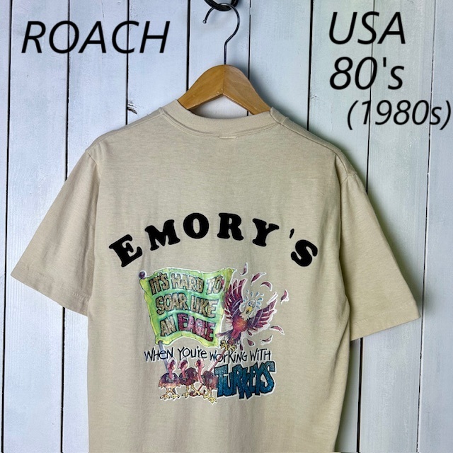 T●428 USA製 ~80s 1980年 ROACH バックプリントTシャツ M ベージュ sportswear オールド ヴィンテージ アメリカ シングルステッチ ローチ拍卖