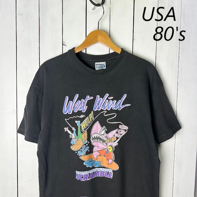 T●430 USA古着 80s USA製 ファニープリントTシャツ L フェード黒 コットン オールド ヴィンテージ Hanes シングルステッチ サメ ジョーズ拍卖