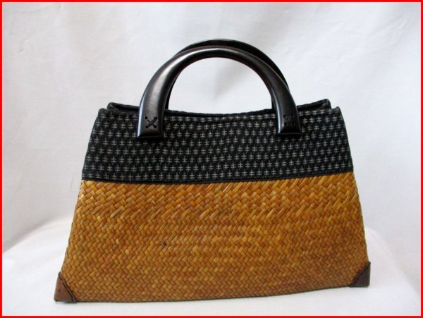 ラタン エスニックハンドバッグ◇タイ製 持ち手天然木 内部布貼り 本革使い W45cm拍卖