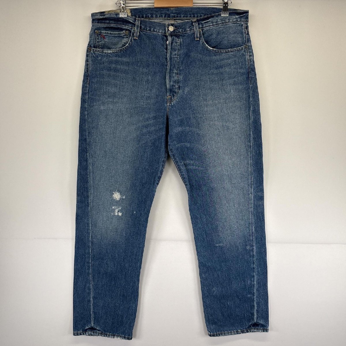 古着 ポロ・ラルフローレン POLO RALPH LAUREN デニムパンツ ボタンフライ ストレート 色落ち ジーパン ダメージ加工 w36 L30 ブルー拍卖