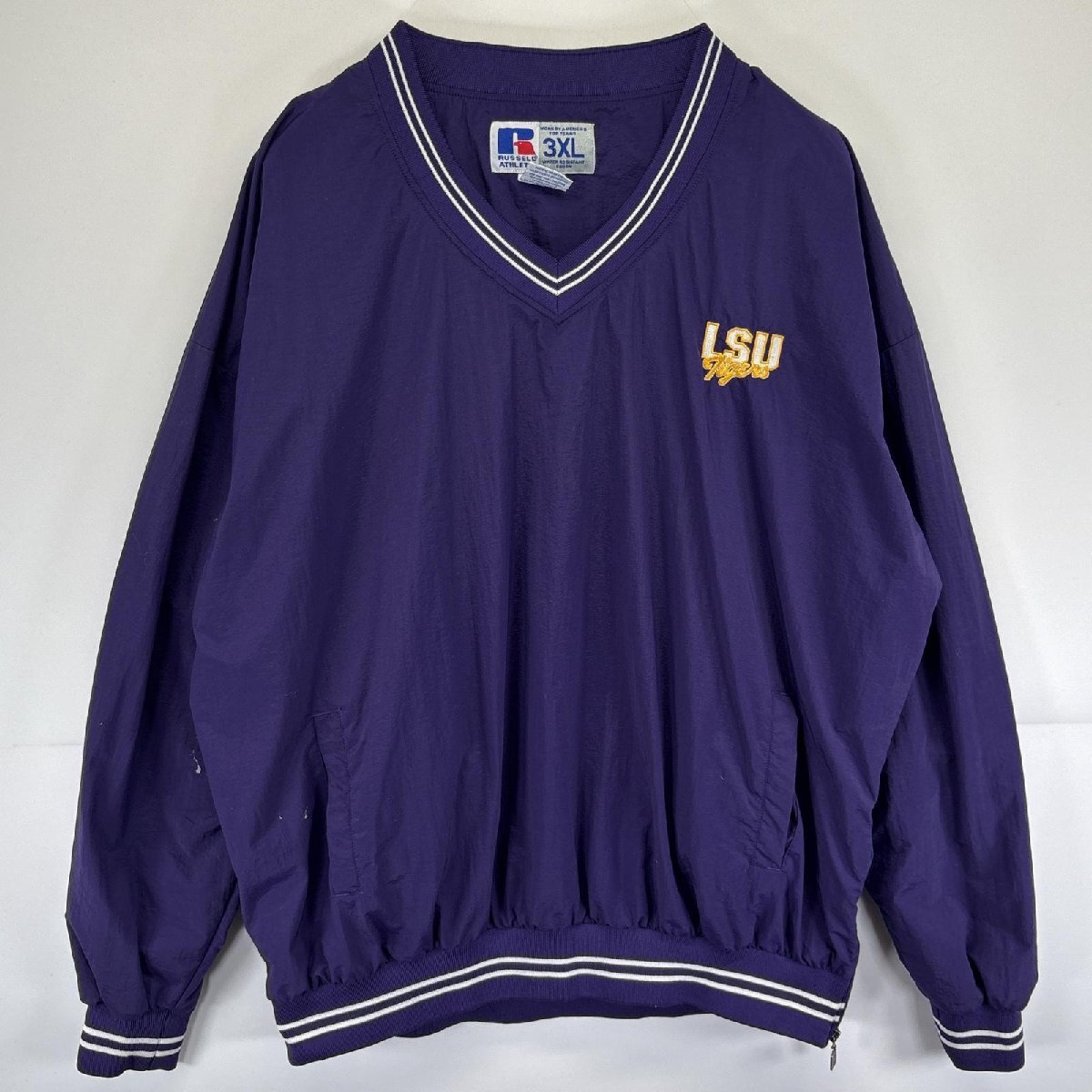 古着 ラッセル Russell ナイロンプルオーバージャケット Vネック ピステ 大きいサイズ チームロゴ 3XL パープル メンズ拍卖
