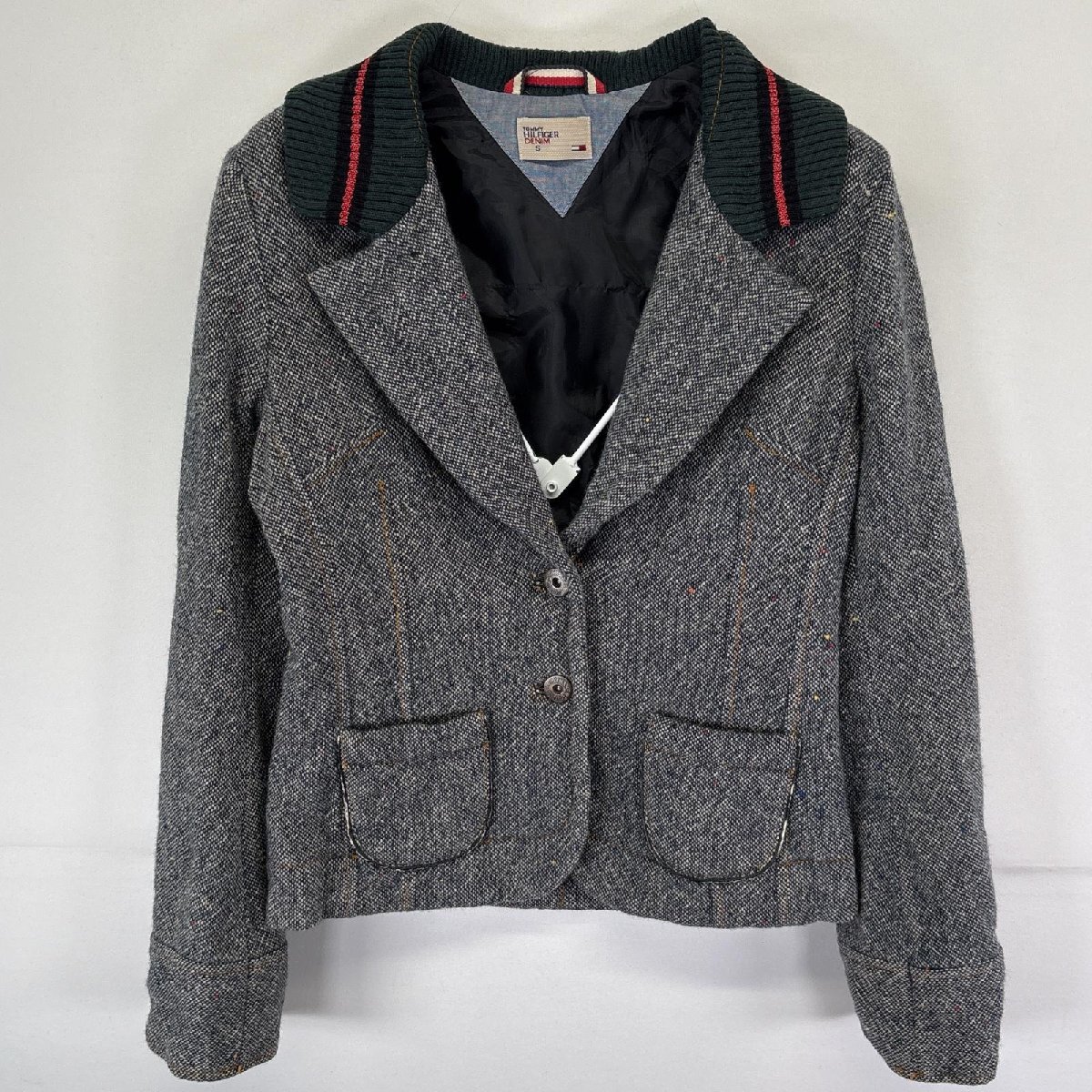 古着 トミーヒルフィガー TOMMY HILFIGER テーラードジャケット ツイード ウール リブ襟 ワンポイントロゴ ポケット S グレー レディース拍卖