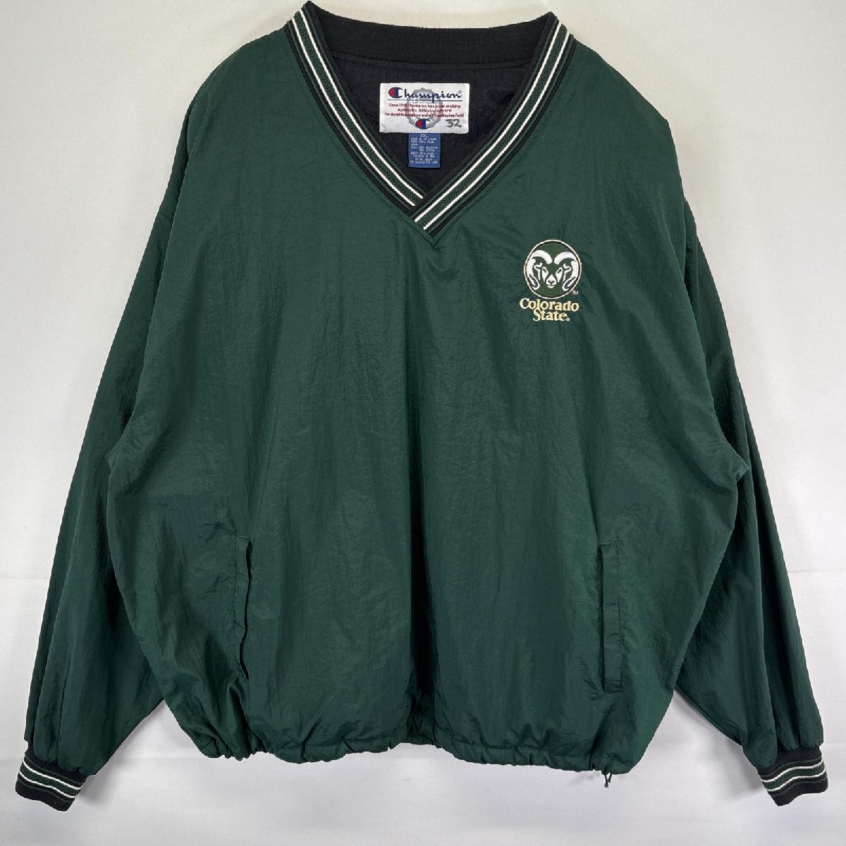 古着 90's/90年代 チャンピオン Champion ナイロンジャケット ナイロンプルオーバー ピステ 大きいサイズ Vネック XXL グリーン メンズ拍卖