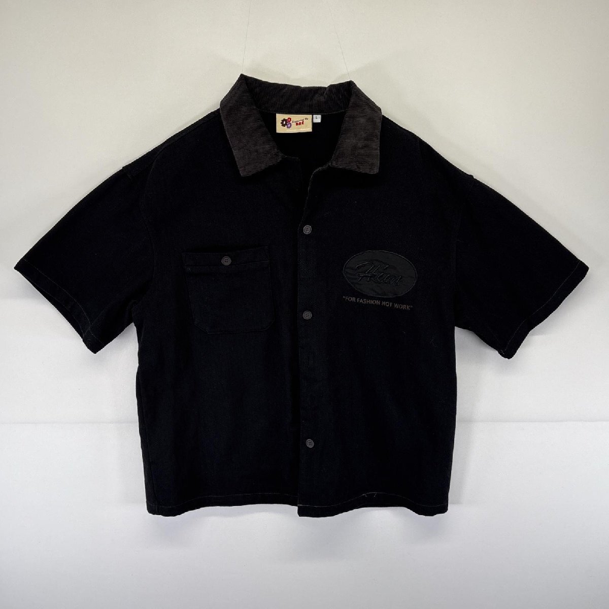古着 DRE 半袖 ワークシャツ デニム バックプリント 胸ポケット ボタン ロゴ ワッペン 襟コーデュロイ L ブラック メンズ拍卖