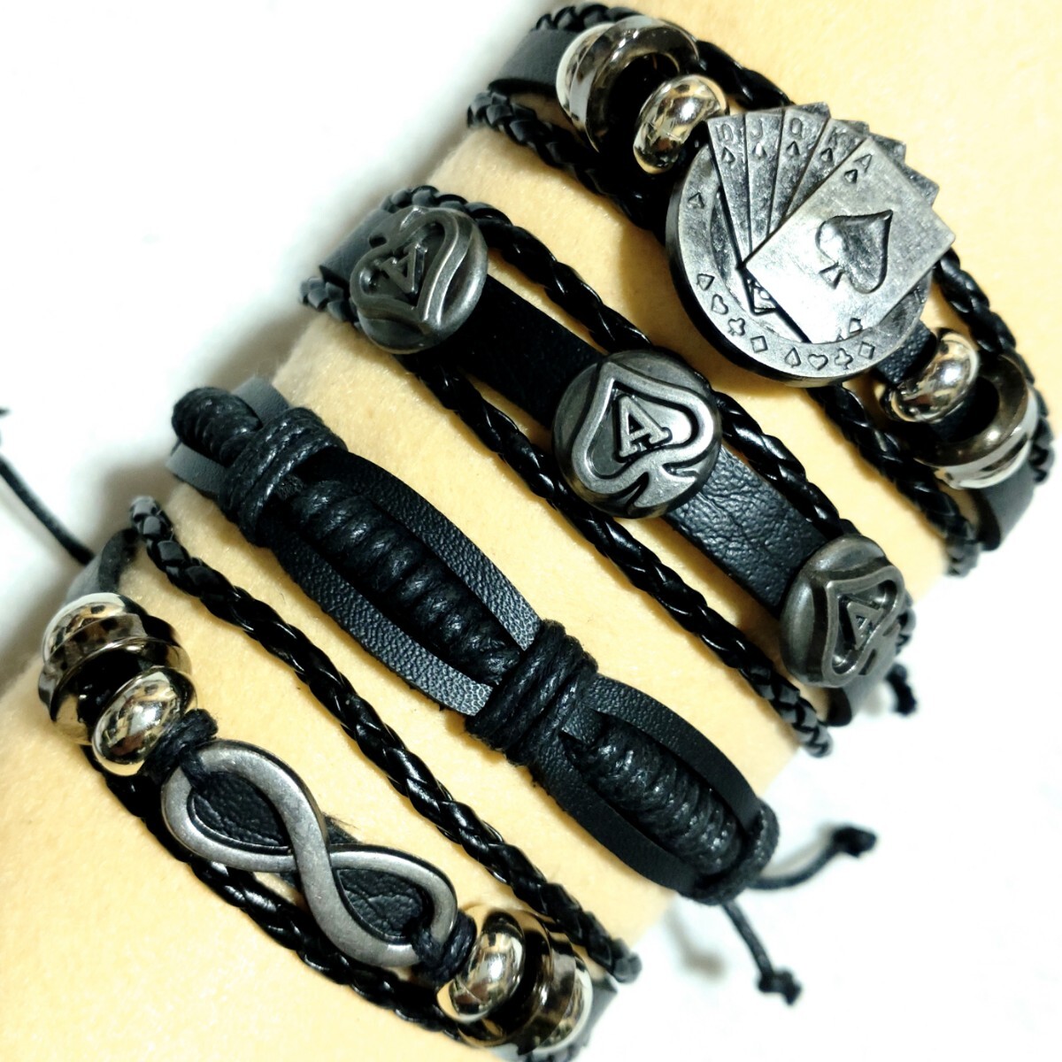 特価/未使用【4個セット/サイズ=男女兼用フリー】合成皮革/ブレスレット/手首周=19~29cm/画像の4点(dark.brown)C-②拍卖