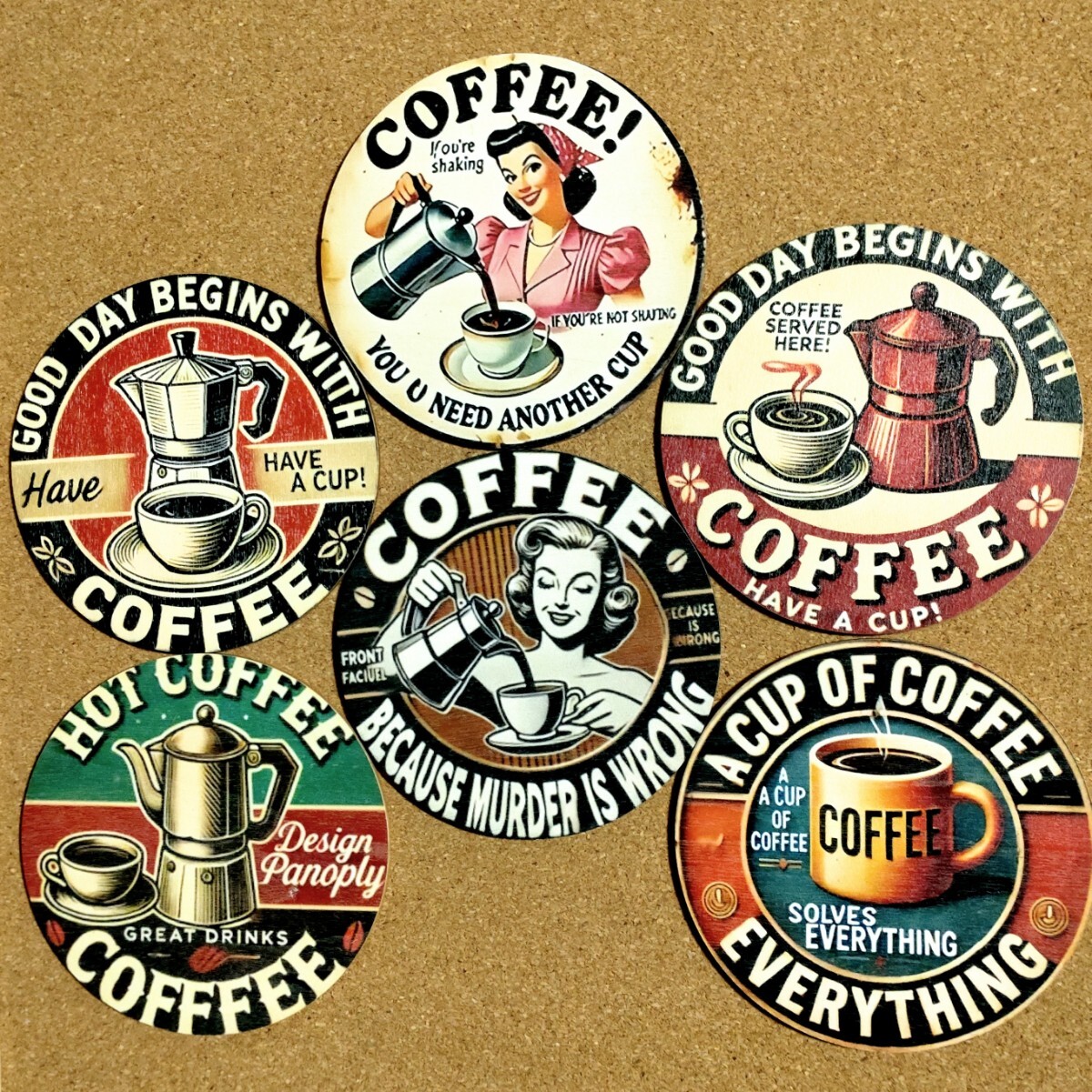 特価/未使用【6枚セット/サイズ=直径9.5cm】ヴィンテージ/ピンナップガール&コーヒー/コースター/木合板/画像の柄①拍卖