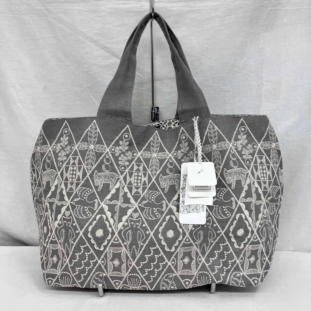 mina perhonen ミナペルホネン/グレー/総柄刺繍/aas9400 symphony/シンフォニー/ト-トバッグ拍卖