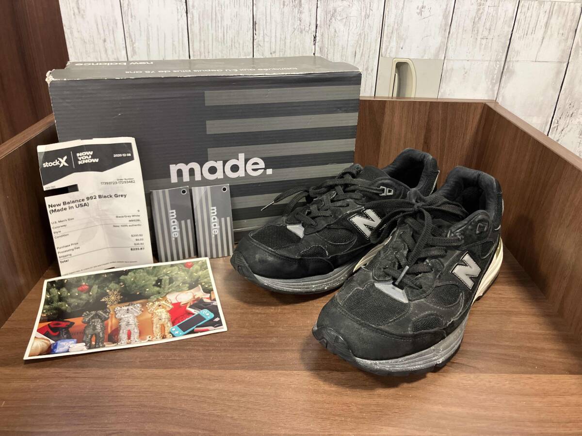 new balance ニューバランス M992BL ブラック USA製 スニーカー 箱 左足のみ片足展示の影響による日焼け 使用感有り拍卖