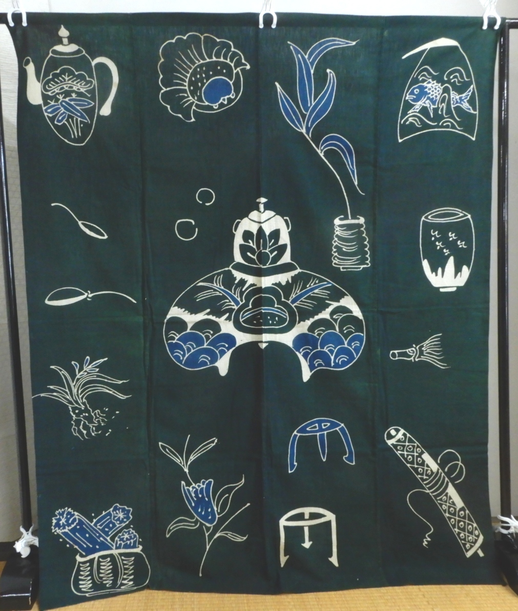 <銀の斧>木綿・明治期筒描・茶道具・4巾・四国の筒描き拍卖