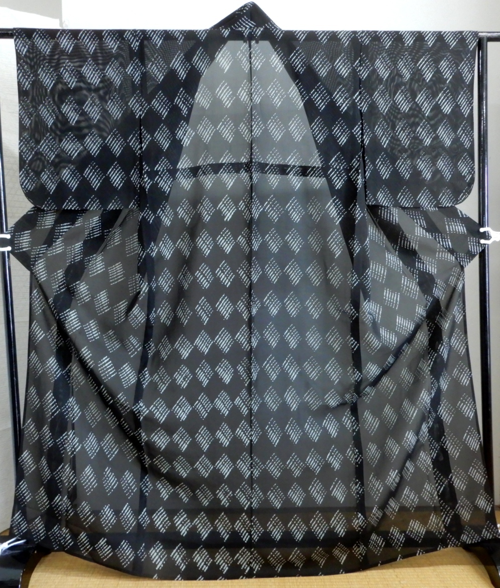 <銀の斧>正絹・絽地小紋着物・透け感・一部しつけ付・夏着物・黒地拍卖