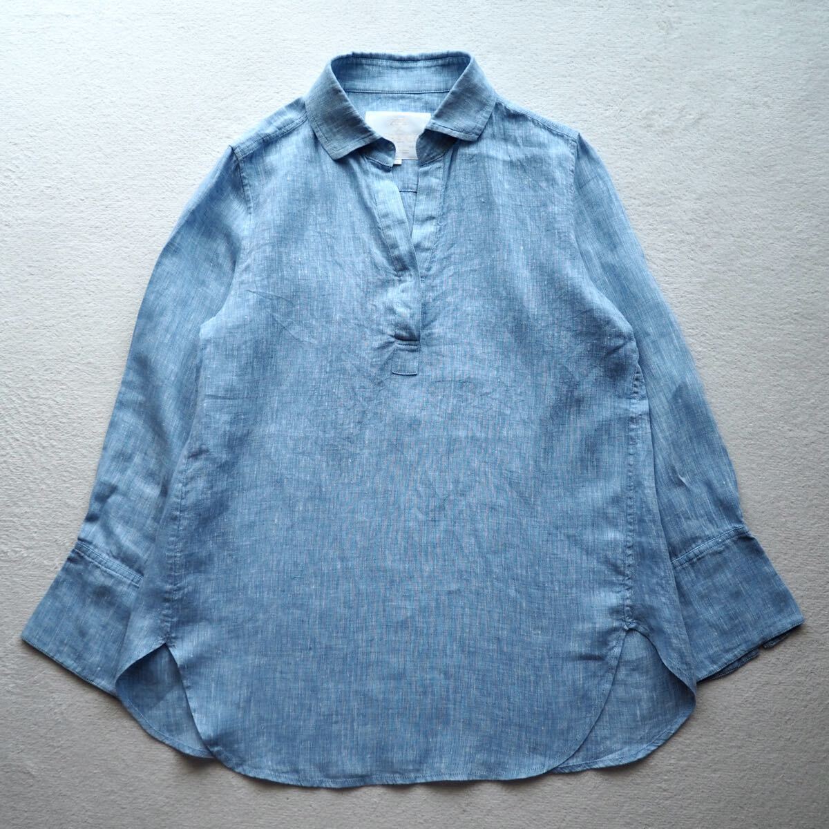 23区 LIBECO リベコ 麻100% リネンシャツ スキッパーシャツ プルオーバーシャツ ブルー 青 38拍卖