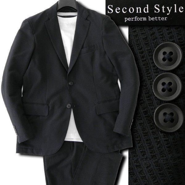 新品 セカンドスタイル シアサッカー イージー セットアップ スーツ M 紺 【2-830P_88_M】 春夏 サマー ストレッチ ジャケット パンツ拍卖