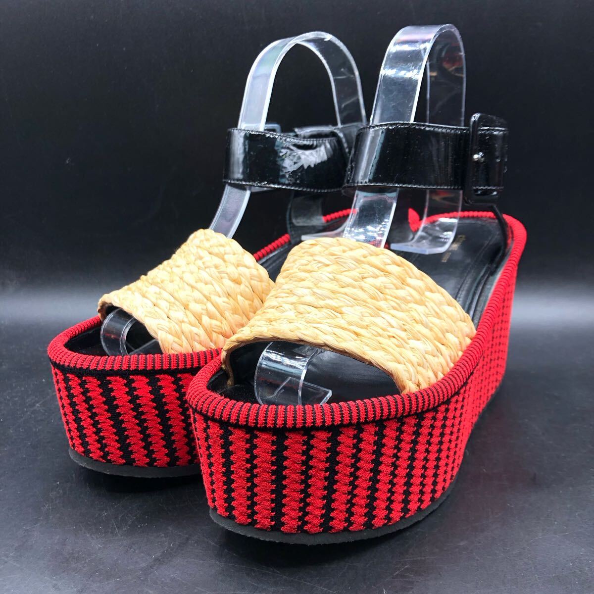 M4435 良品 CELINE セリーヌ 厚底 サンダル ウェッジソール アンクルストラップ 36/23.0cm相当 ブラック レッド ストライプ拍卖