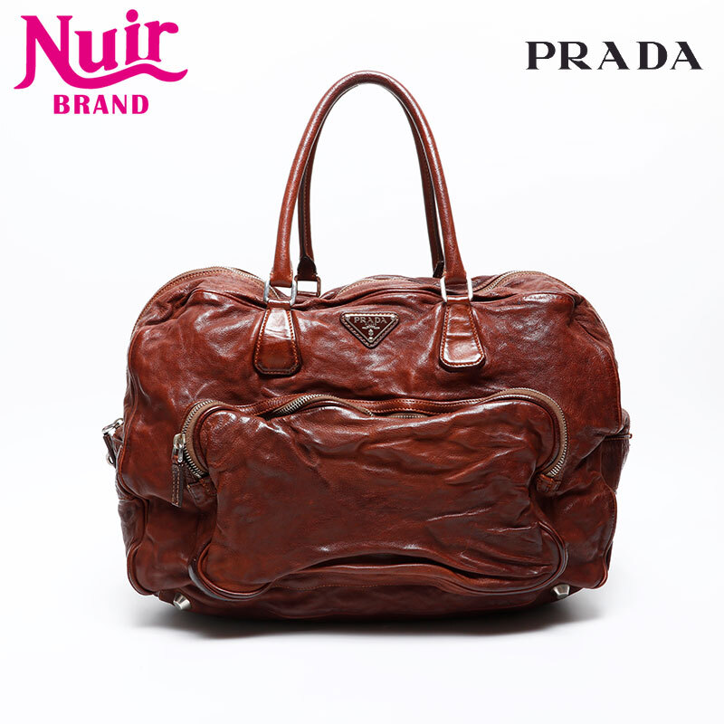 プラダ PRADA ボストンバッグ ウォッシュドレザー ブラウン拍卖