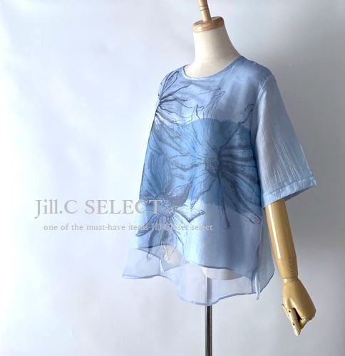 新品【送料185円】エアリーシアー系 シフォン重ね ブラウス*繊細な描写で描かれた手書き風フラワーpt*プルオーバー6043.BLUE拍卖