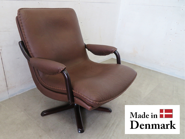 ■P398■美品■デンマーク■BERG FURNITURE/ベルグ社■総革/本革■ローズウッド■ラウンジチェア■北欧■回転脚■1人掛けソファ■拍卖