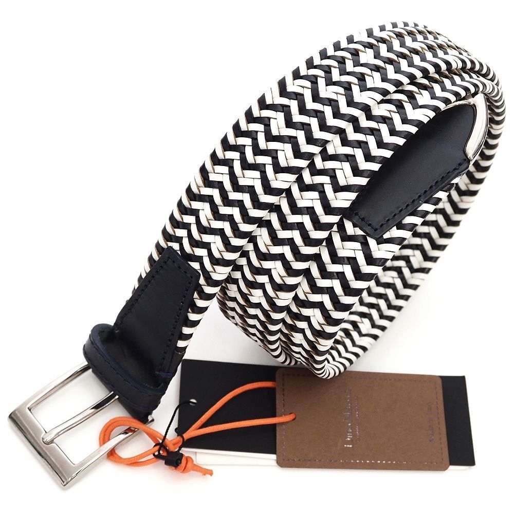 F06323 新品 Dino Mattia × JOSEPH HOMME/レザー メッシュストレッチベルト【サイズ:48】ネイビー/ホワイト/ブラック ディノマッティア 拍卖