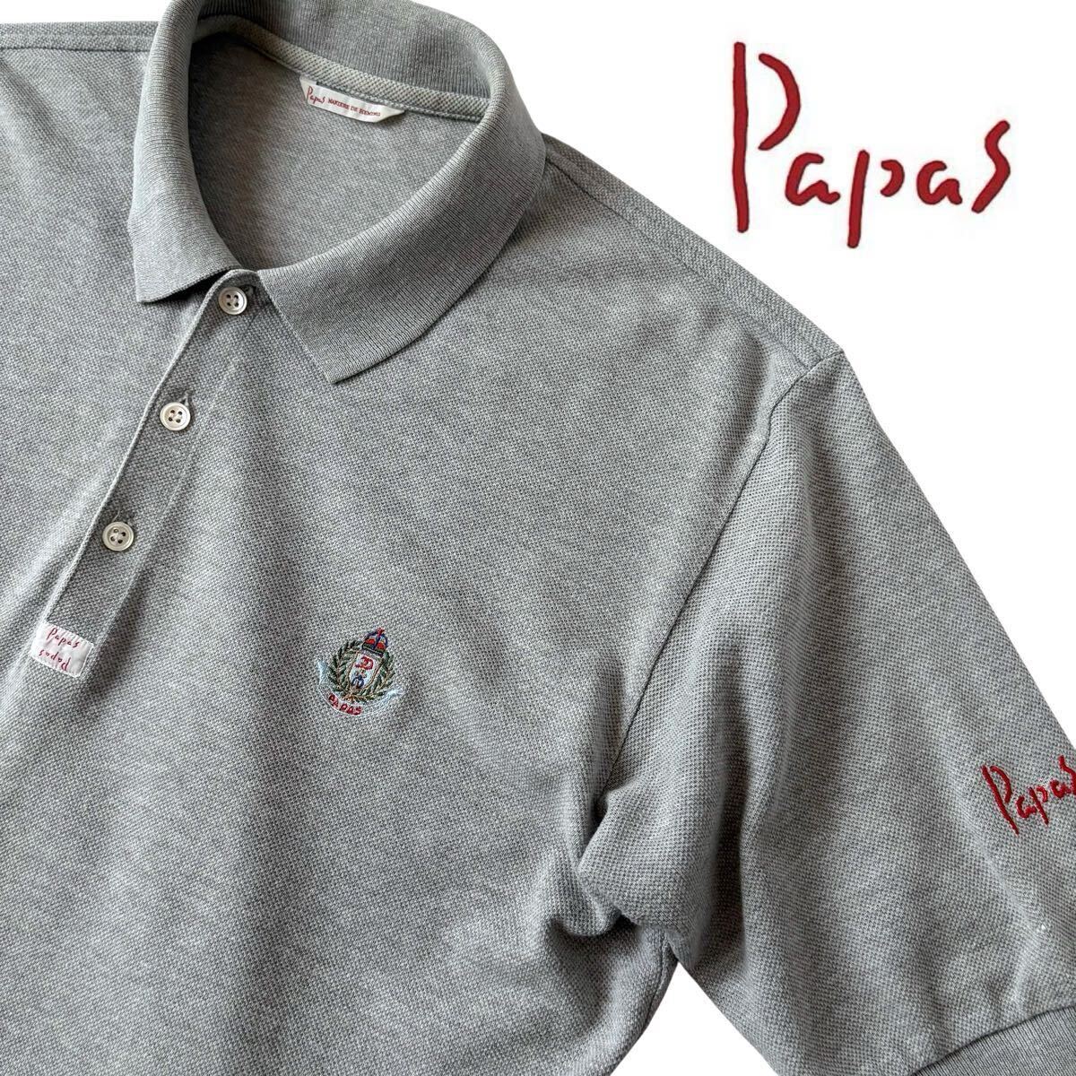 パパス PAPAS ポロシャツ M (日本L) 杢 グレー 半袖 鹿の子 シャツ拍卖