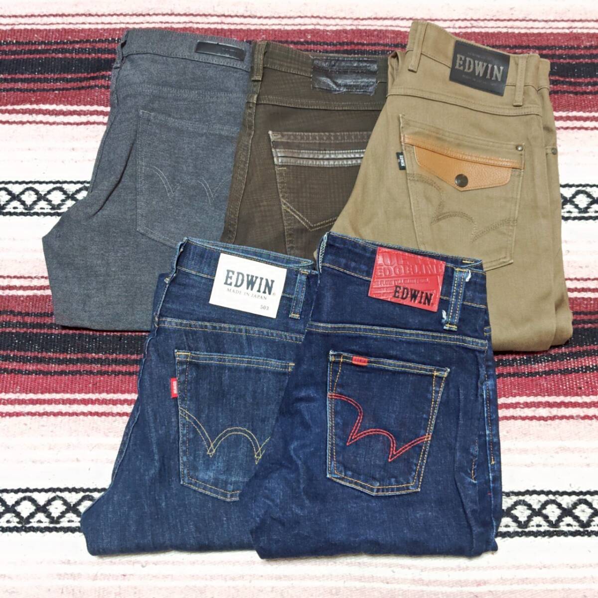 お得!!【まとめ売り】ジーンズ 5着 セット EDWIN エドウィン デニム パンツ ワーク チノ 革パッチ 5枚 アメカジ古着 ビンテージ w29/J-5j拍卖