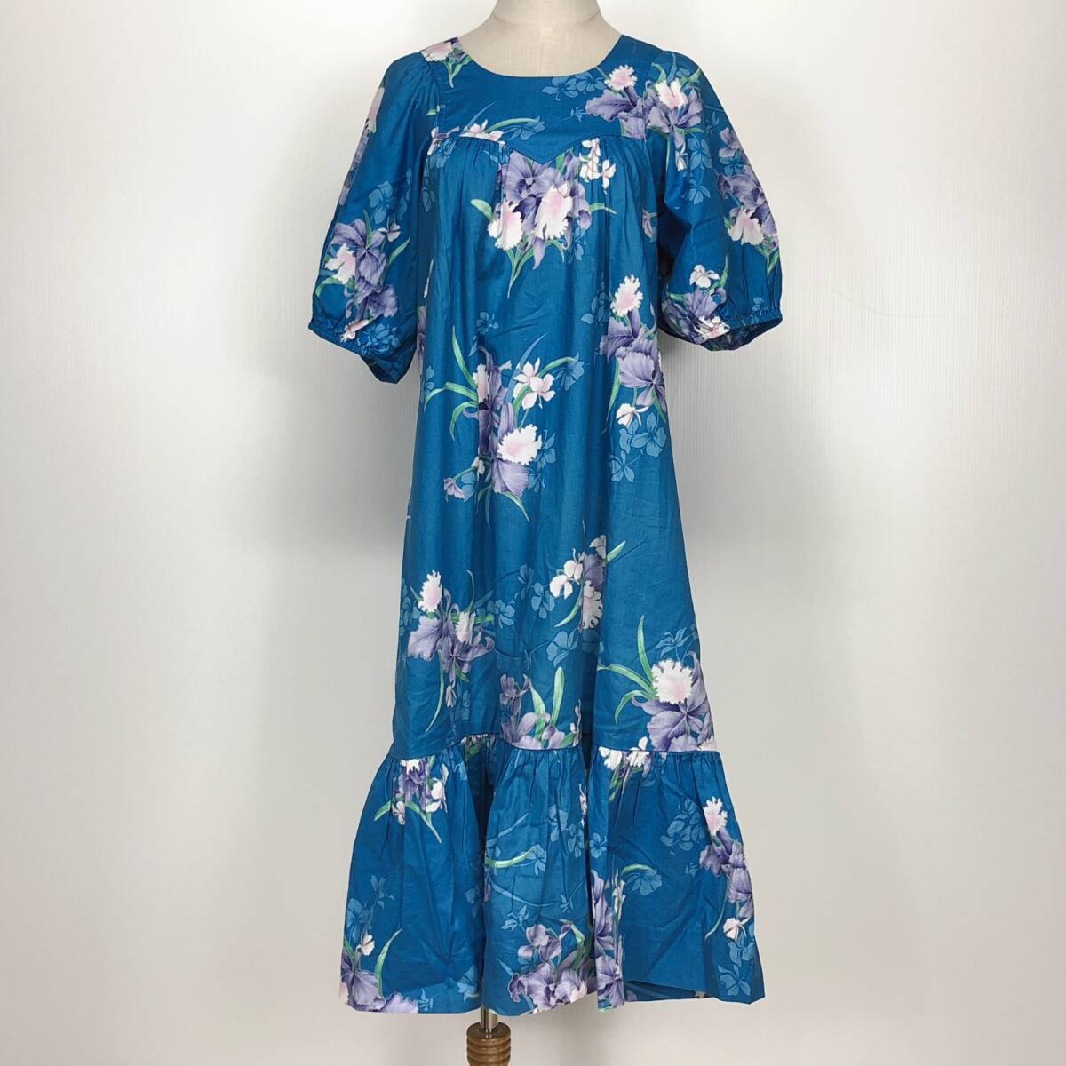 Y2063 レディース ロングワンピース 半袖 丸首 背中ファスナー 水色 鮮やか 花柄 涼しげ フリル 大人かわいい フェミニン 夏 休日 おしゃれ拍卖