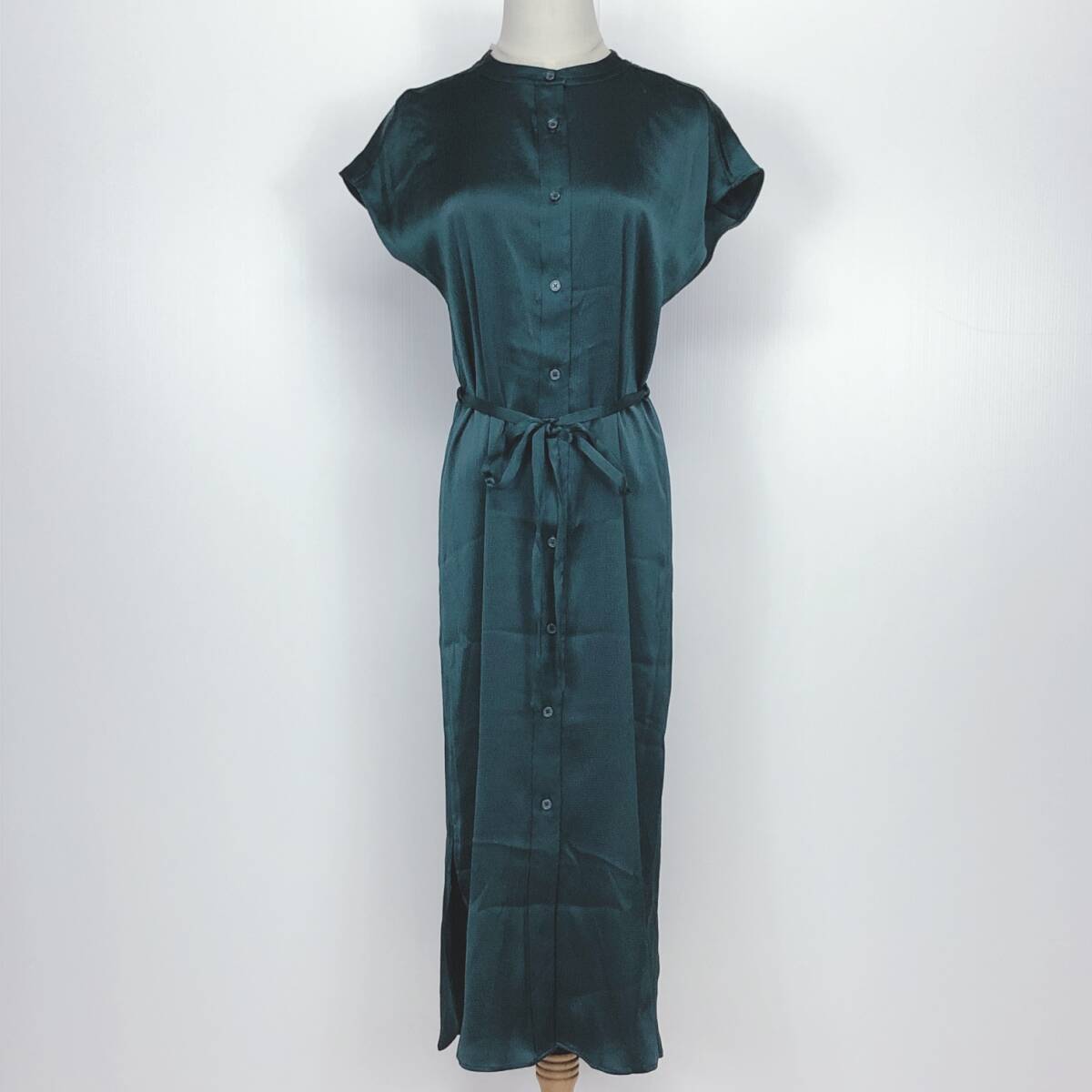 Y2068 美品 BANANAREPUBLIC レディース ロングワンピース 新品タグ・ 腰紐 予備ボタン付 S グリーン 緑 鮮やか エレガント 美しい上品春夏 拍卖