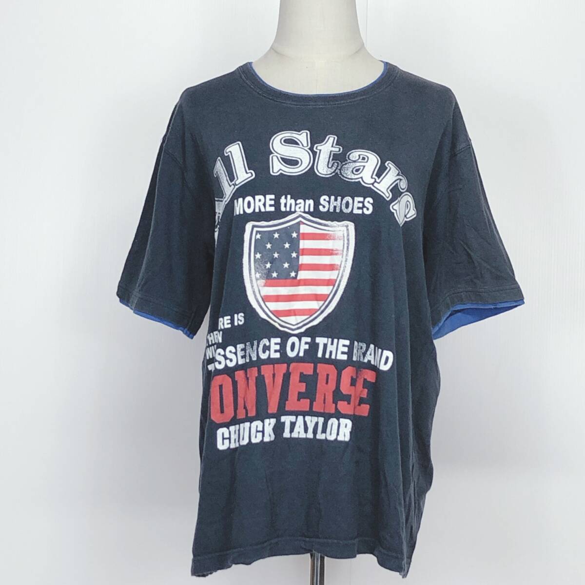 Y2070 CONVERSE コンバース レディース Tシャツ 半袖 丸首 薄手 XL ネイビー 紺 英字プリント 綿100% カジュアル USED 春夏秋 休日 部屋着拍卖