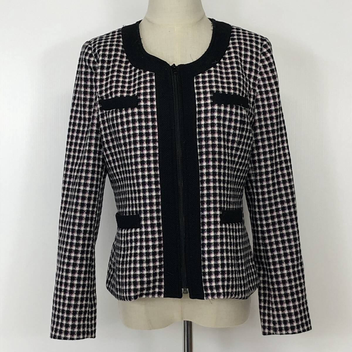 Y1294 Le midi レディース ジャケット 長袖 肩パッド 胸ポケット ファスナー 厚手 13 チェック柄 毛素材含 昭和レトロ おしゃれ あたたか 拍卖