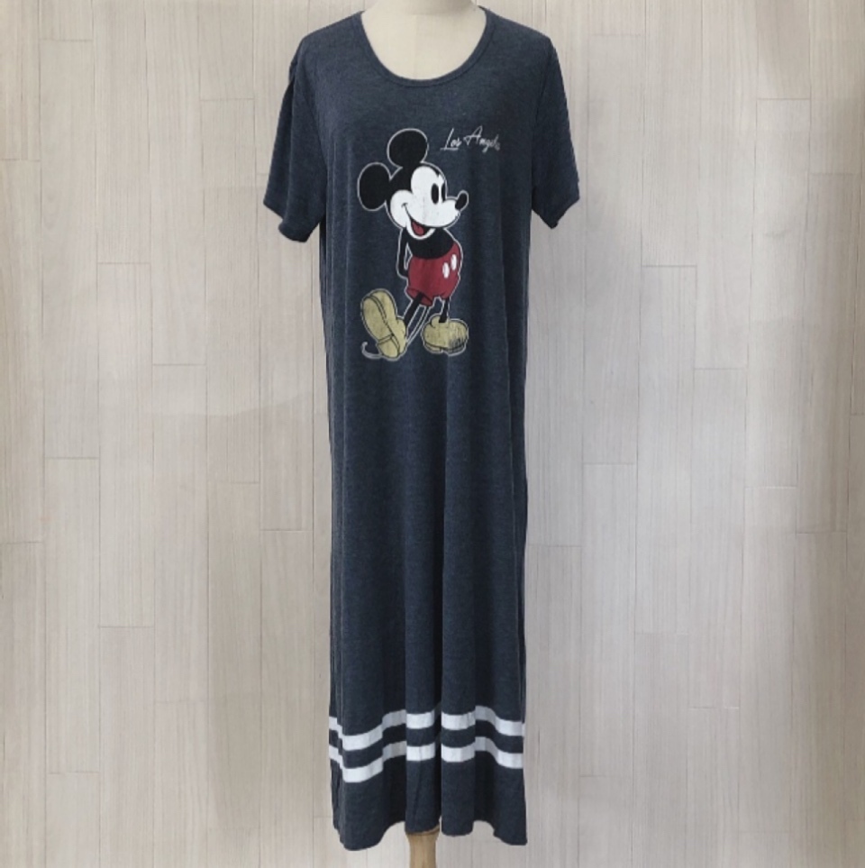 Y2054 Disney ディズニー レディース ロングワンピース 半袖 薄手 XXL ネイビー 紺 かわいい 春夏秋 ミッキーマウスプリント部屋着涼やか拍卖