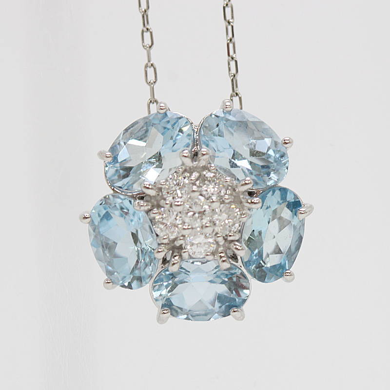 アクアマリンダイヤモンドネックレス 花 プラチナ 18金ホワイトゴールド Pt850 K18WG アクアマリン 1.95ct ダイヤモンド 22634拍卖