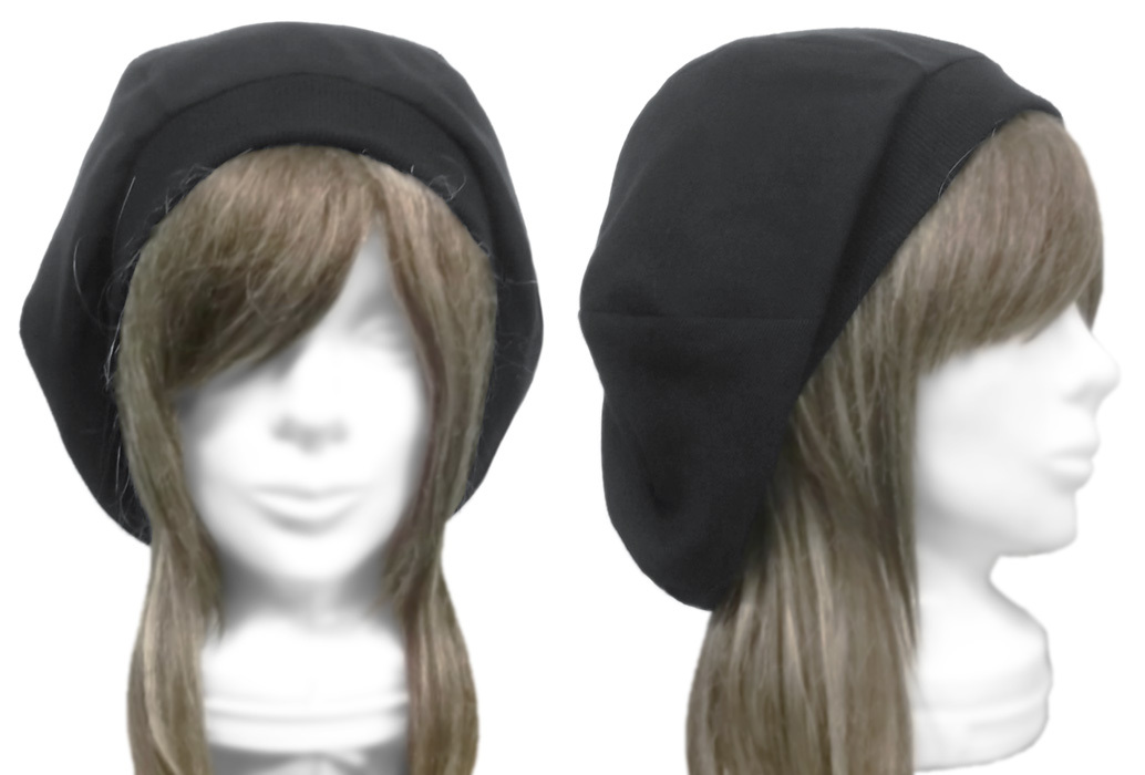 ◇送料無料◇ ハンドメイド◆ゆったりルーズ・リブ付ベレー帽◆鹿の子織ストレッチコットンニット/ブラック ◇小顔効果・オールシーズン◇拍卖