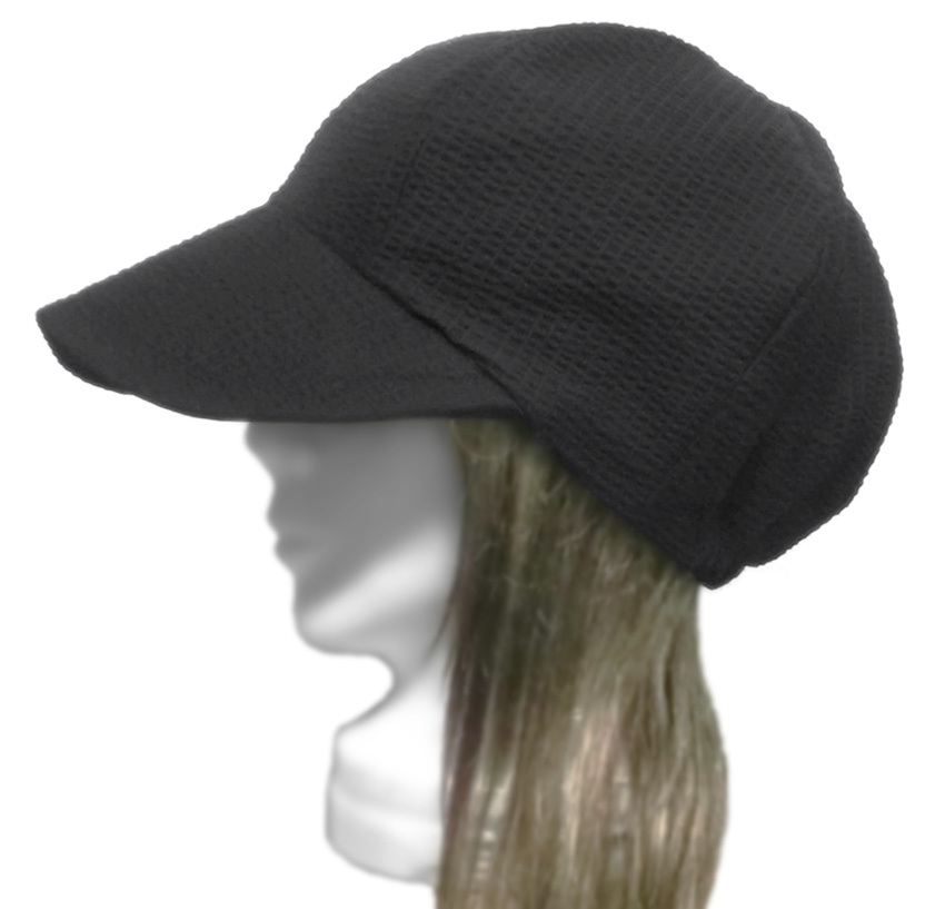ハンドメイド◆つば広キャスケット◆コットンリップルニット/ブラック ◇紫外線対策・ゆったりサイズ・小顔効果・オールシーズン着用◇拍卖