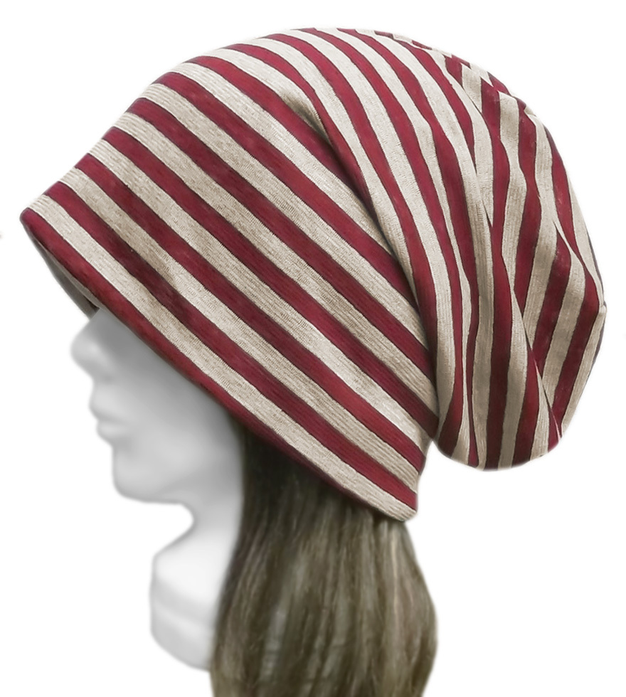 ◇送料無料◇ ハンドメイド◆ルーズワッチキャップ◆ボーダー柄 甘織リネンニット/ベージュ×赤 ◇ゆったり・小顔効果・オールシーズン◇拍卖
