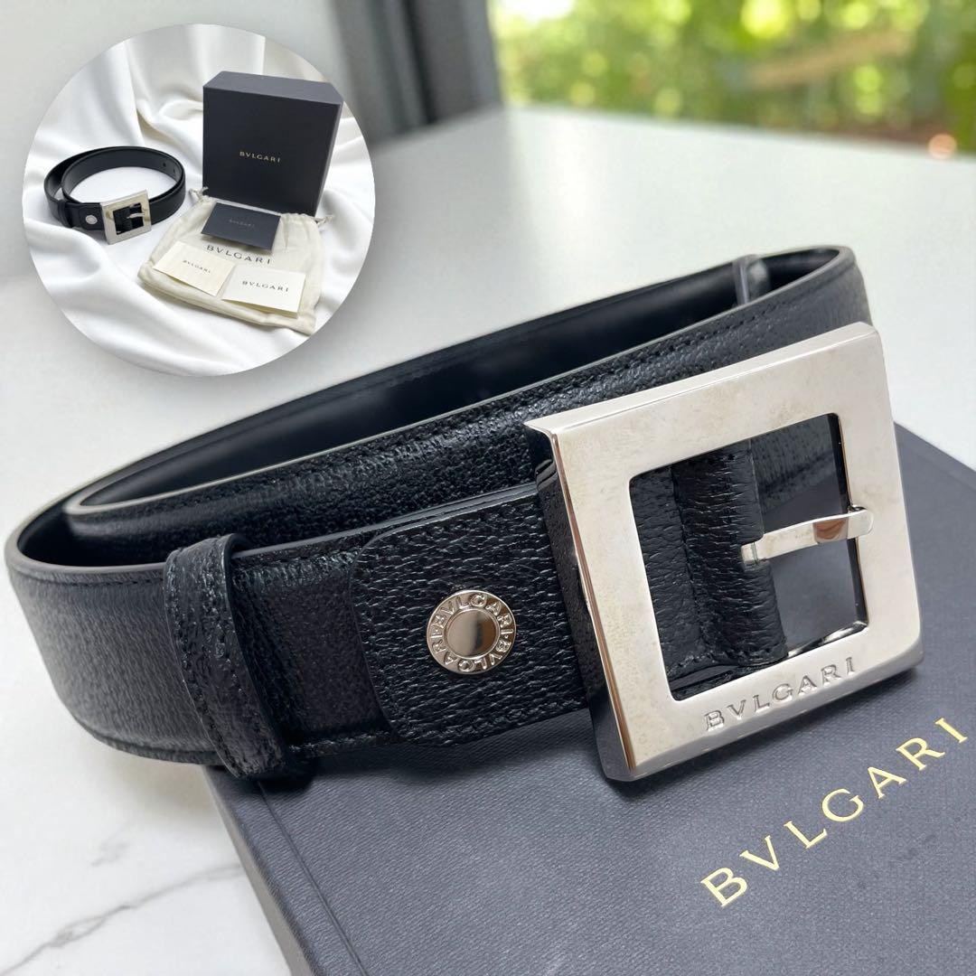 【未使用品/箱袋付き】BVLGARI ブルガリ レザーベルト シルバー金具 ウエスト約93~98㎝ イタリア製 本革 黒 メンズ 冠婚葬祭 ビジネス拍卖