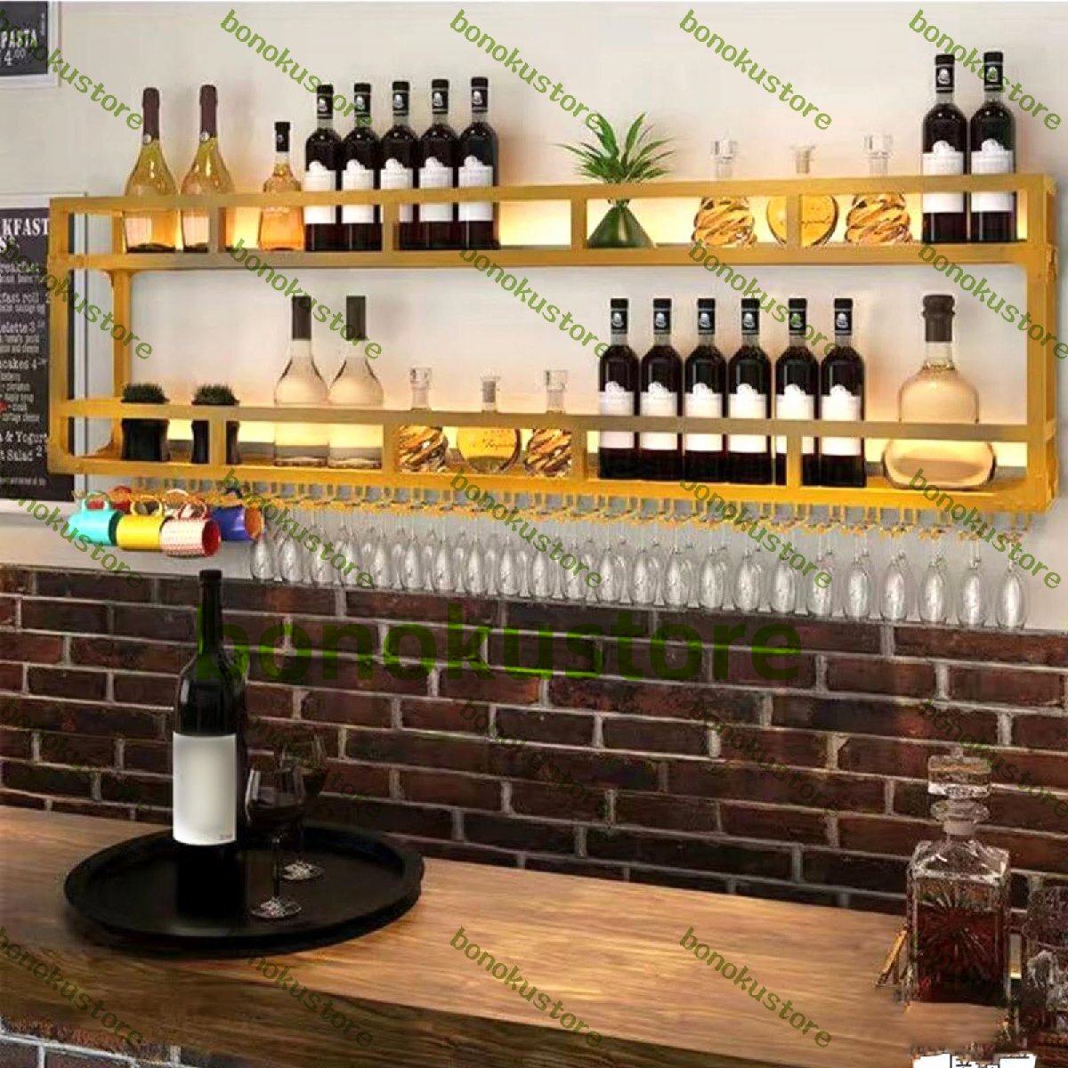 壁掛けワインラック、ワインラック 壁掛け式、モダンなワイン収納ラック 壁掛け LEDライト付き ワイングラスホルダー付き 200*25*54cm拍卖