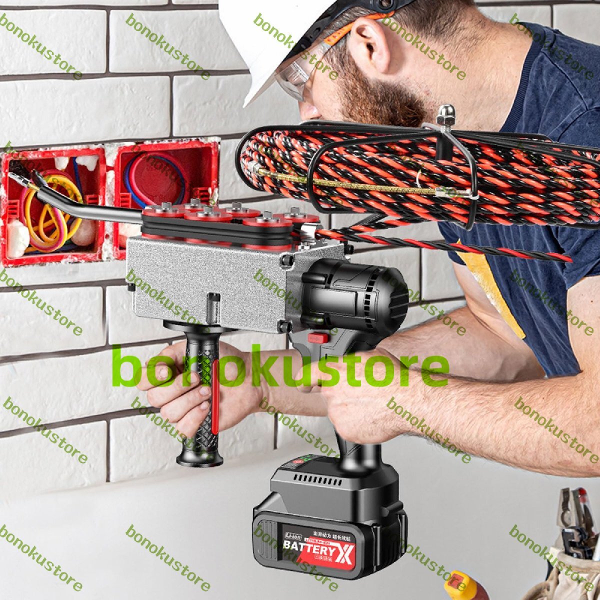 コードレスワイヤーストリギングマシン 40m/分の電動ストリギングワイヤープーラー 2つのリチウム電池付き 最大150kgの牽引力拍卖