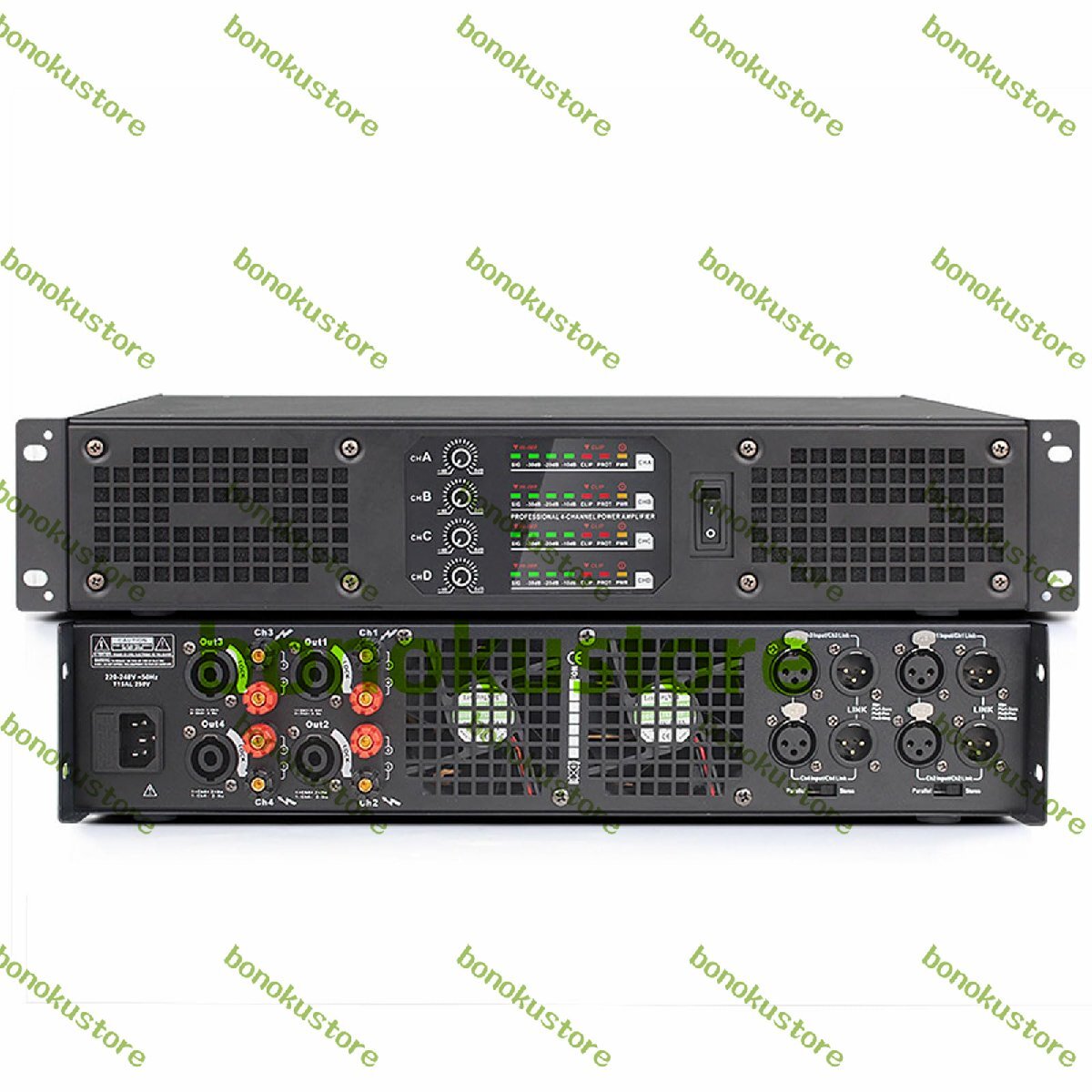 1000Wx4プロフェッショナルオーディオアンプ LEDスペクトルライト付きホームパワーアンプ 4チャンネル独立出力 2つの冷却ファン拍卖