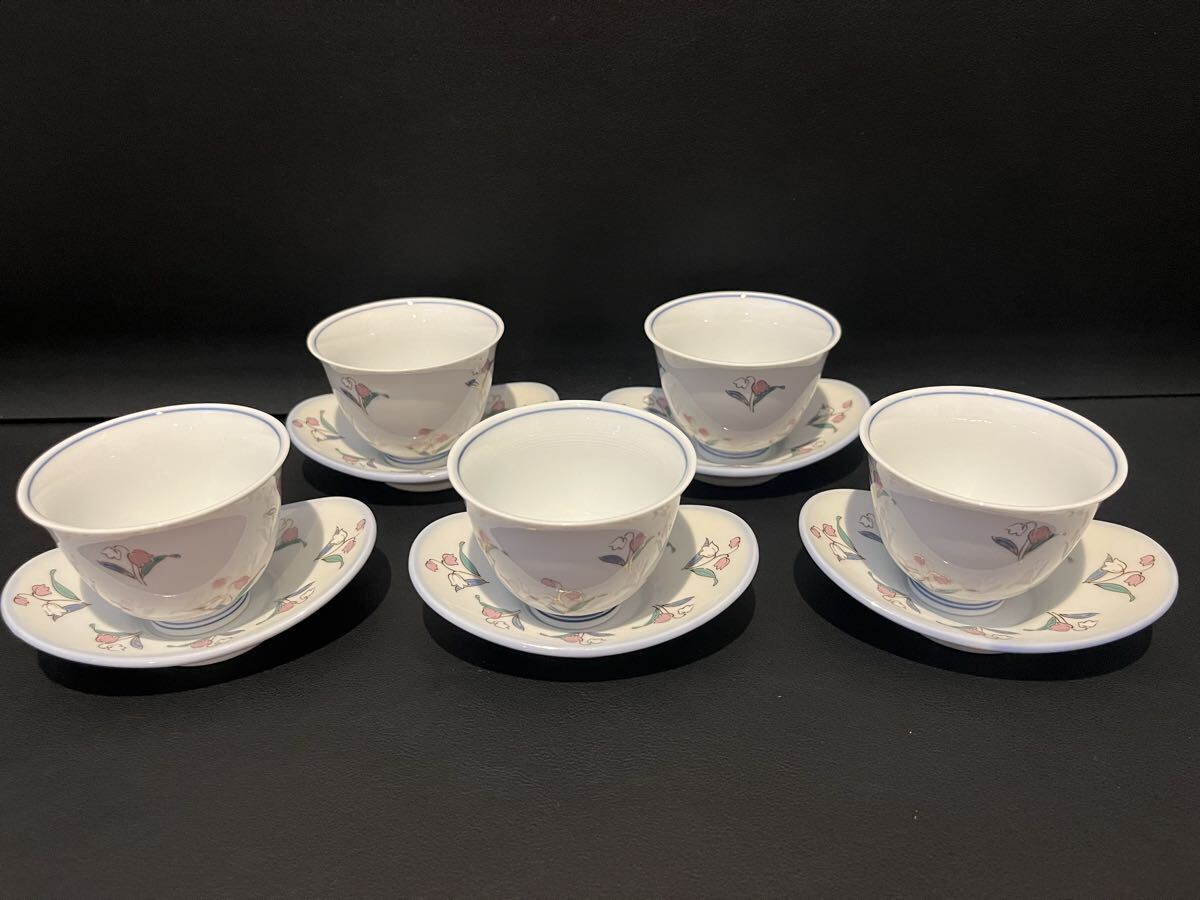 有田焼 すずらん 湯呑み 茶托付き仙茶碗揃 5客   ソーサー カップ 花柄拍卖