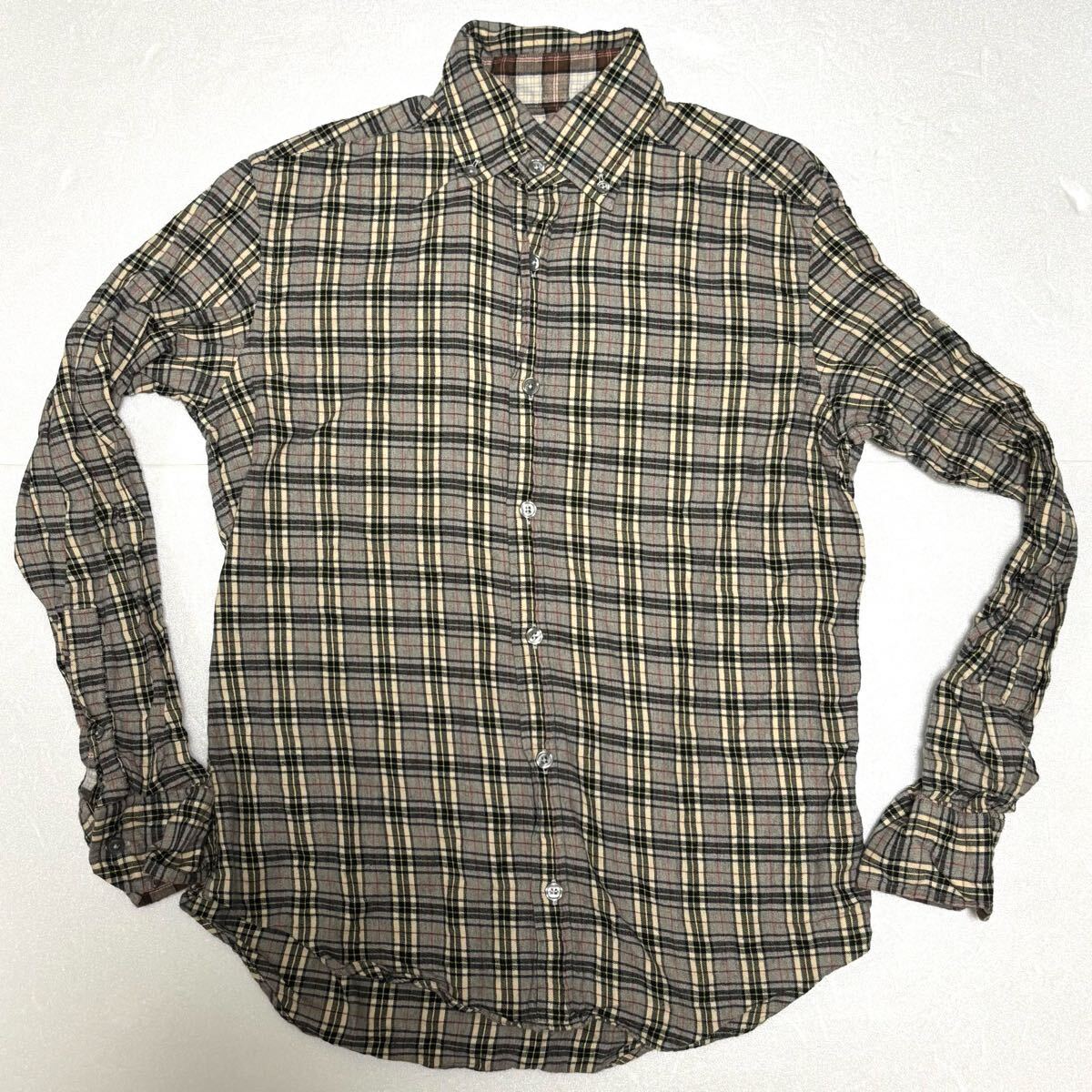 PS Paul Smith ピーエス ポールスミス ボタンダウン チェックシャツ S ネルシャツ グレー シワ加工 PP-WR-42837 コットン 古着 拍卖