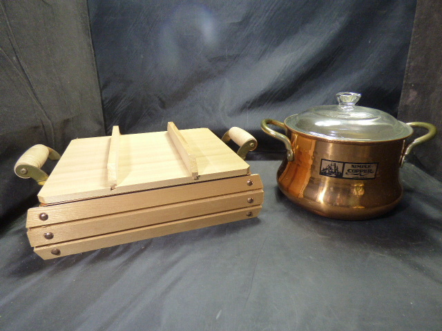 み337【2点セット】銅製 おでん鍋 木枠付き 角型 両手鍋 ガラス蓋付 調理器具 拍卖