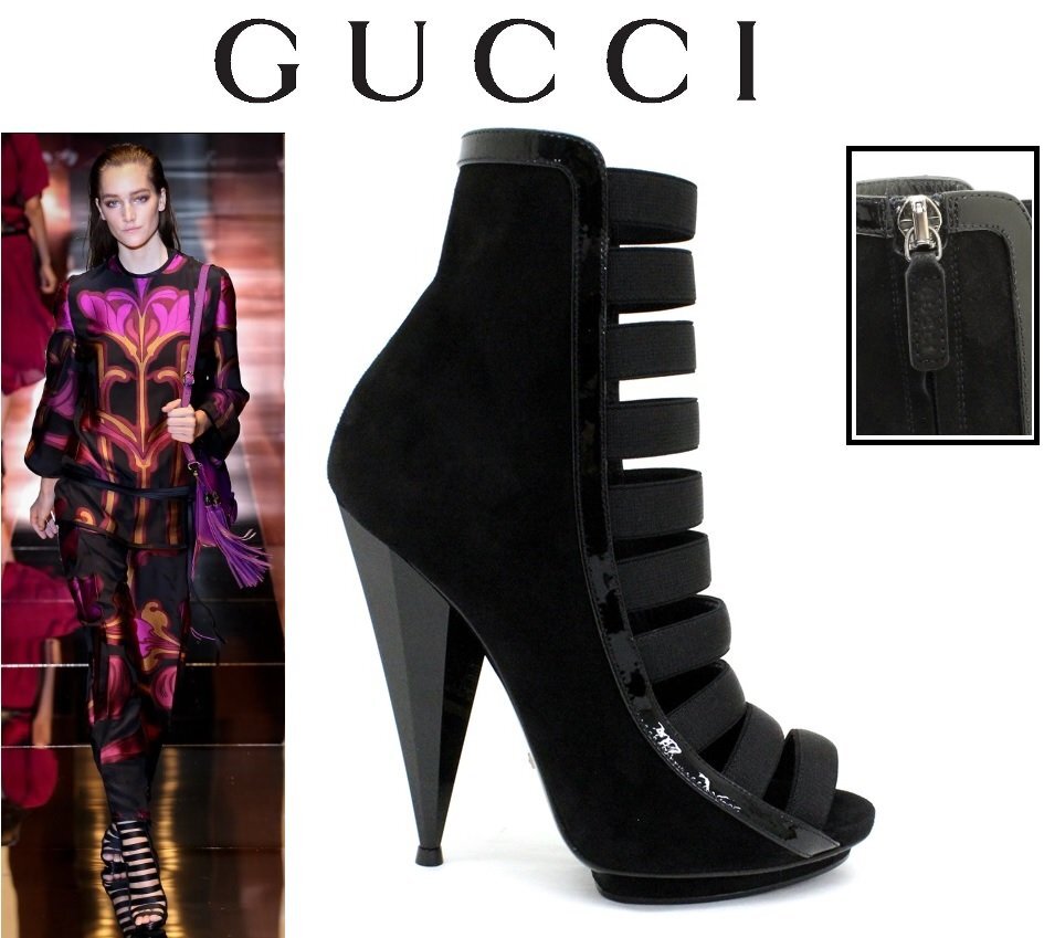 25万新品◆35H=22.5cm◆GUCCI グッチ 黒スエードレザーオープントゥサンダルブーツ1円拍卖