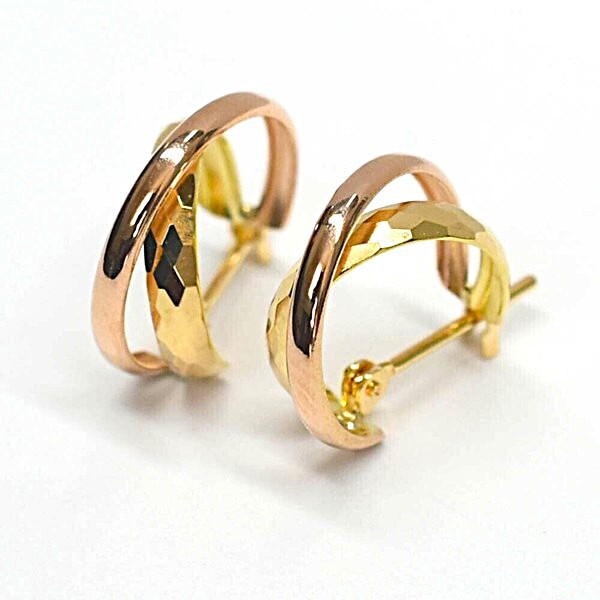 【18金】クロスフープピアス ピンクゴールド×イエロー10mm ミラーカット拍卖