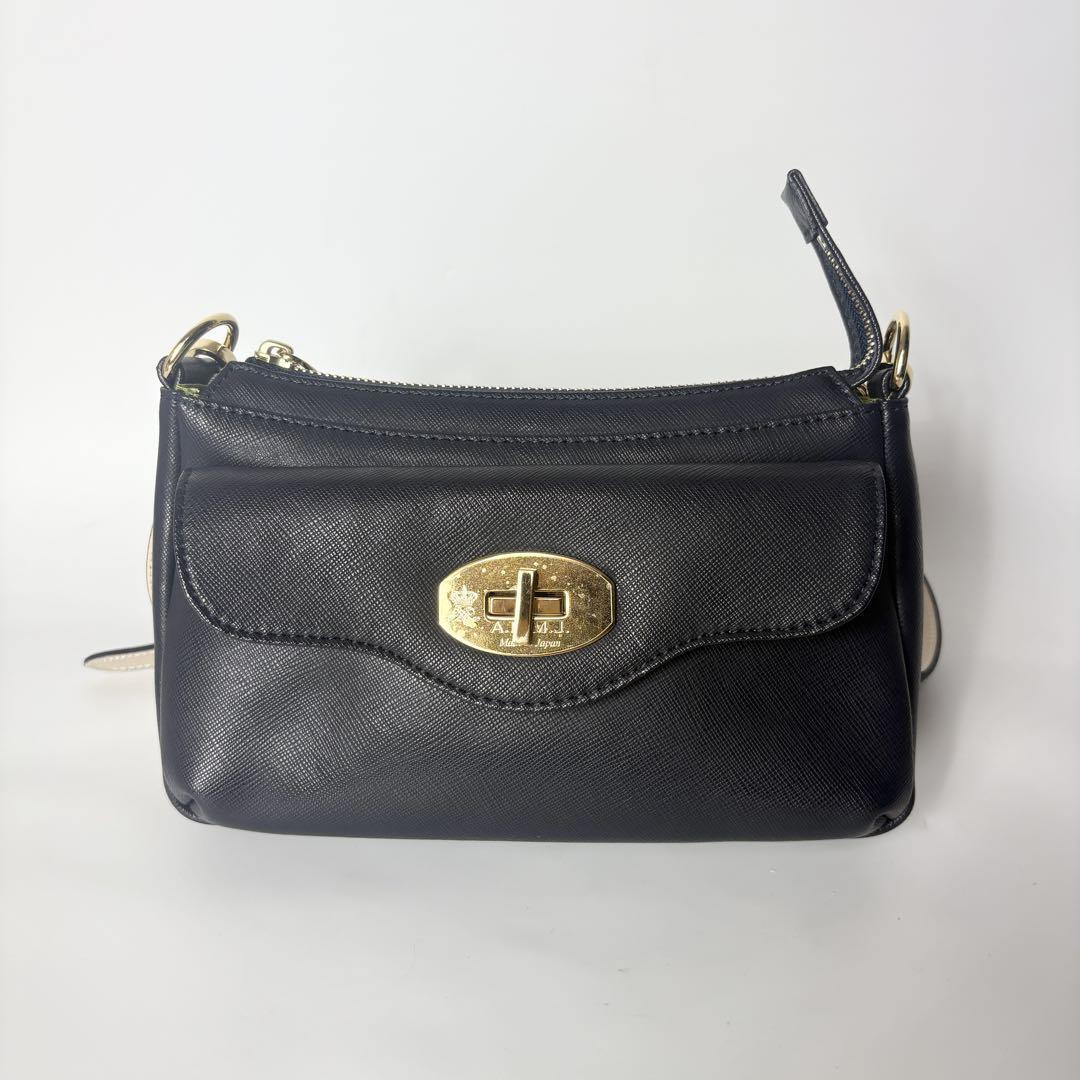 ADMJ ネイビー サフィアーノレザー ターンロック ショルダーバッグ拍卖